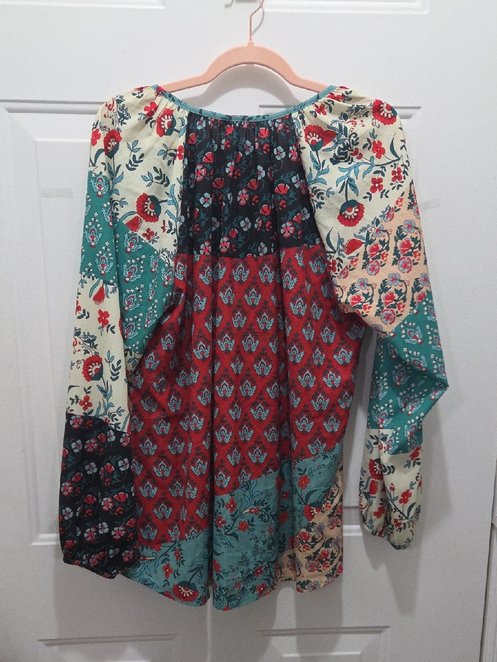 Floral Patchwork Peasant Blouse - Teal & Cream XL - Picture 4 of 5